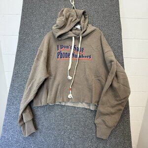 Wildfox Who Dis Harley Graphic Fleece Hoodie Taupe Gray Boxy Raw Hem Size XL NWT